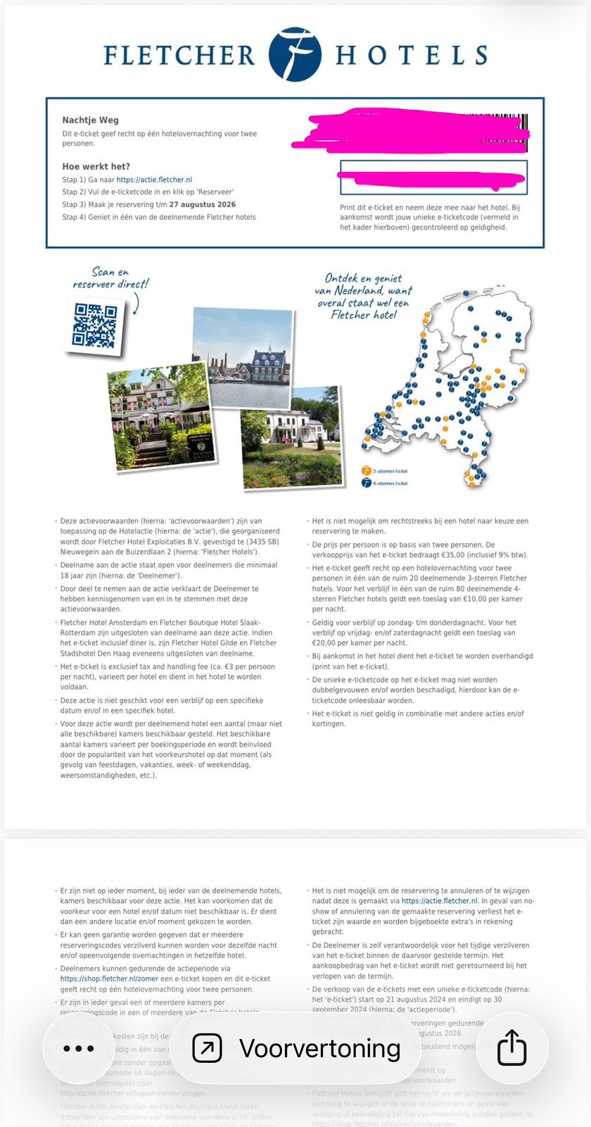 Voucher Hotelovernachting Fletcher, geldig tm 27-08-2026, Tickets en Kaartjes, Hotelbonnen, Twee personen, 1 overnachting