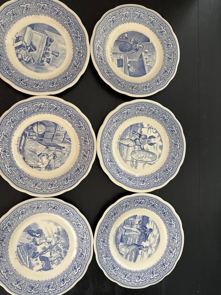 6 antieke borden met blauw-witte decoratie van Gien, Antiek en Kunst, Antiek | Servies los, Ophalen