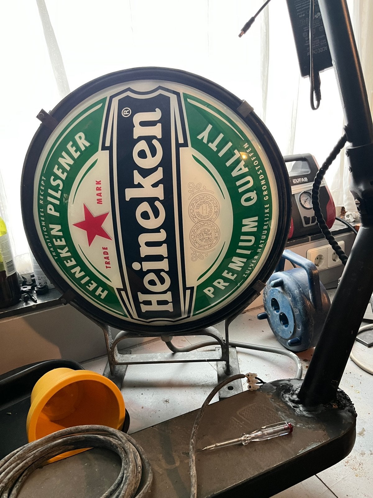 Vintage Heineken uithangbord met verlichting., Ophalen, Gebruikt, Reclamebord