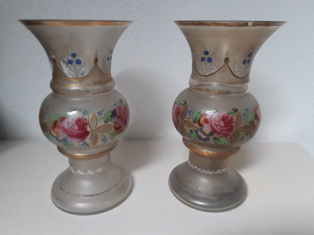 oud Boheems glazen vazen met bloemversiering, Antiek en Kunst, Antiek | Glas en Kristal, Ophalen of Verzenden