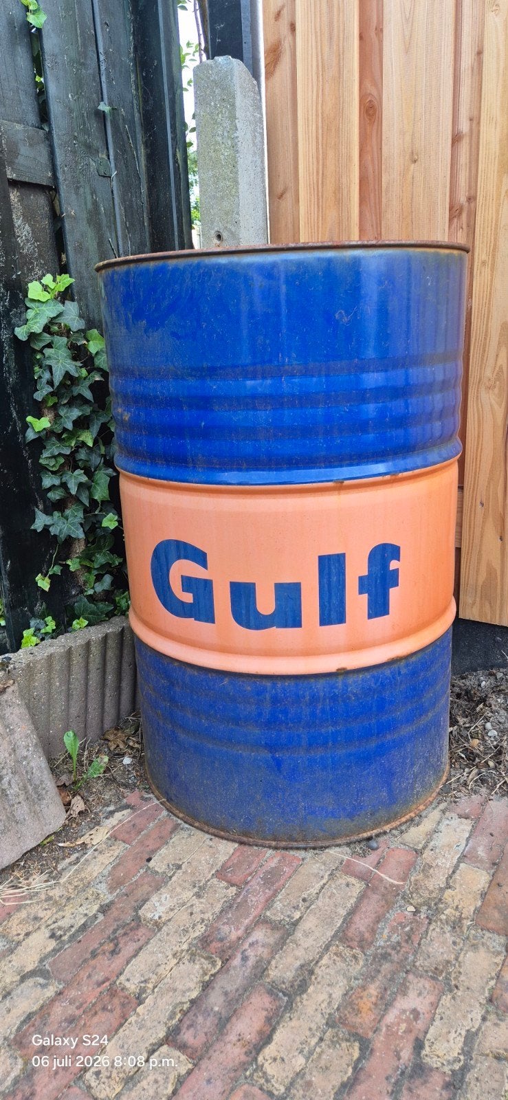 Vintage Gulf Olievat orugineel leeg- Decoratief en Uniek, Ophalen