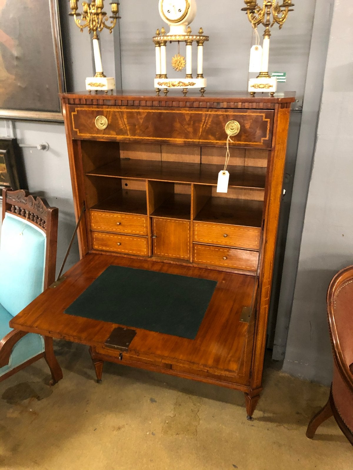 Antieke Secretaire met Intarsia en Groen Leren Schrijfblad, Antiek en Kunst, Antiek | Meubels | Kasten, Ophalen