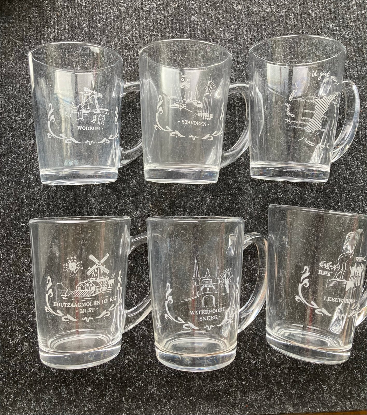 6 theeglazen met Friese steden: IJlst, Sneek, Leeuwarden, Overige typen, Ophalen, Gebruikt, Glas