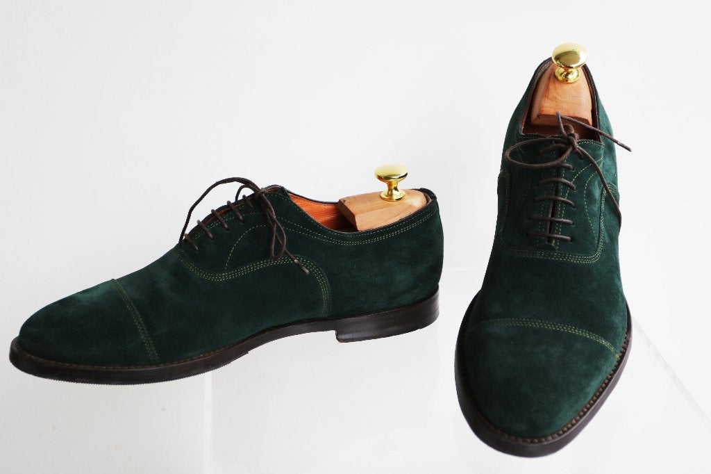 Bijna nieuw! Groen suède Santoni lace-ups in 6.5 = maat 40.5, Kleding | Heren, Schoenen, Overige kleuren, Ophalen of Verzenden