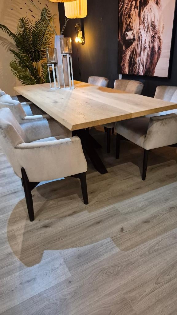 Boomstam eettafel EIKEN 220 cm., Ophalen, Eikenhout, 50 tot 100 cm, Vijf personen of meer
