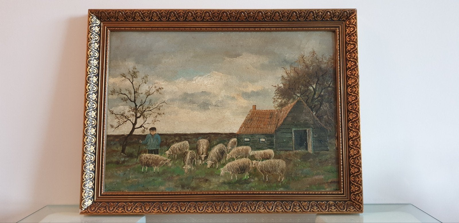 Oud Hollands schilderij: Herder met schapen bij boerderij, Ophalen, Paneel, Oud hollands, Origineel werk