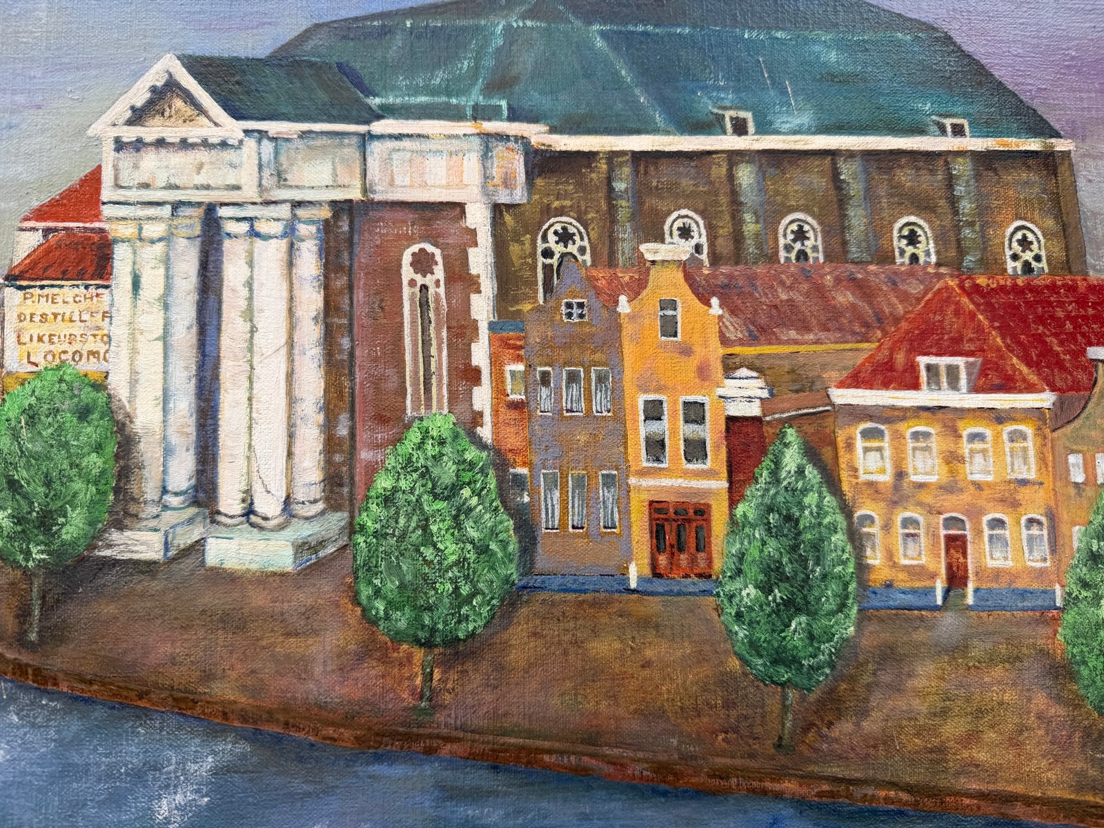 Stadsgezicht Acryl op Doek - Historische Gracht met Kerk, Ophalen of Verzenden