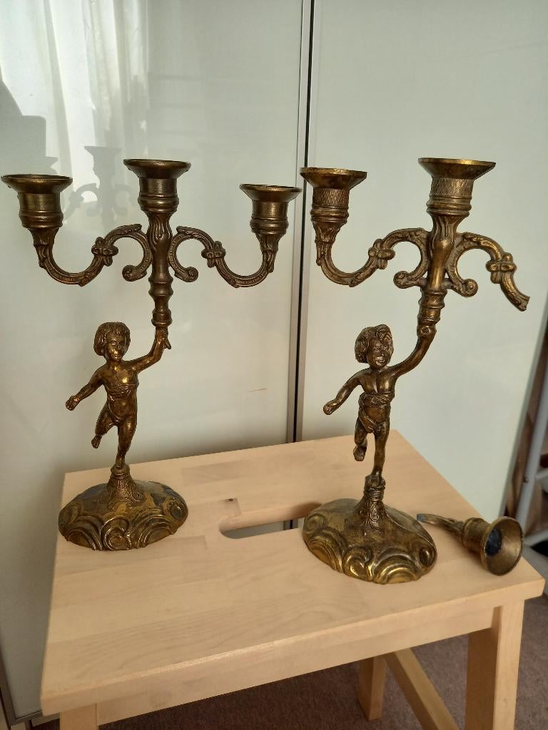 2 Putti / Engel Kandelaars / Engelenkandelaars Met 3 Armen, Antiek en Kunst, Ophalen of Verzenden