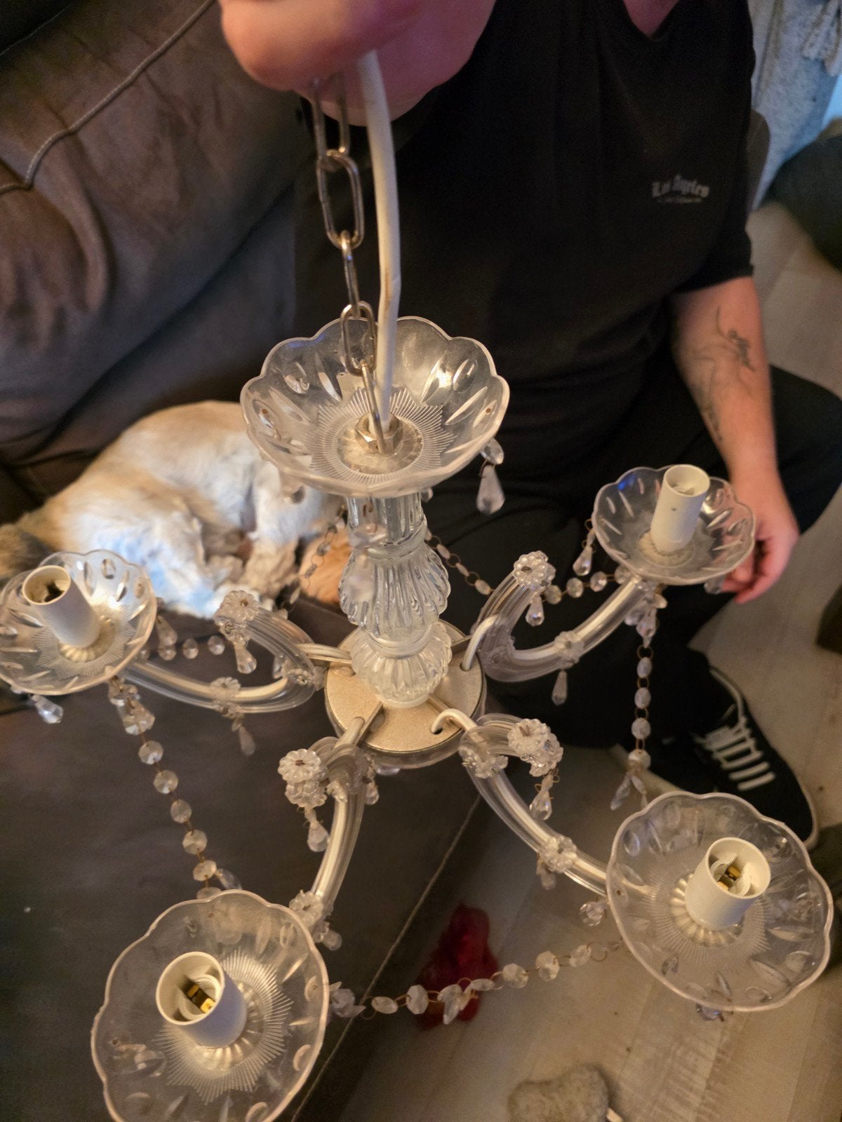 Elegante Kroonluchter met Kristallen - 5 Lichtpunten, Huis en Inrichting, Gebruikt, E14 (klein), Ophalen of Verzenden, Glas