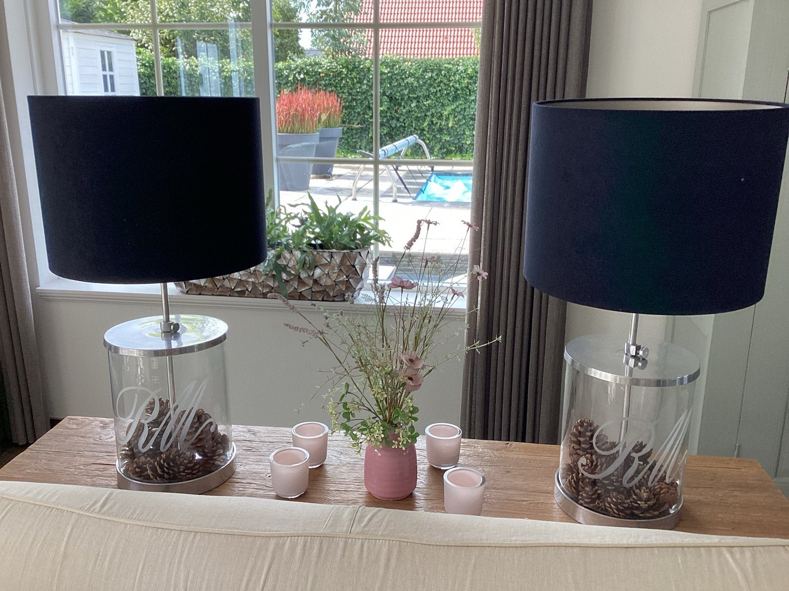 Set van 2 moderne Riviera Maison tafellampen met zwarte kap, Ophalen, Zwart, Zo goed als nieuw, Glas