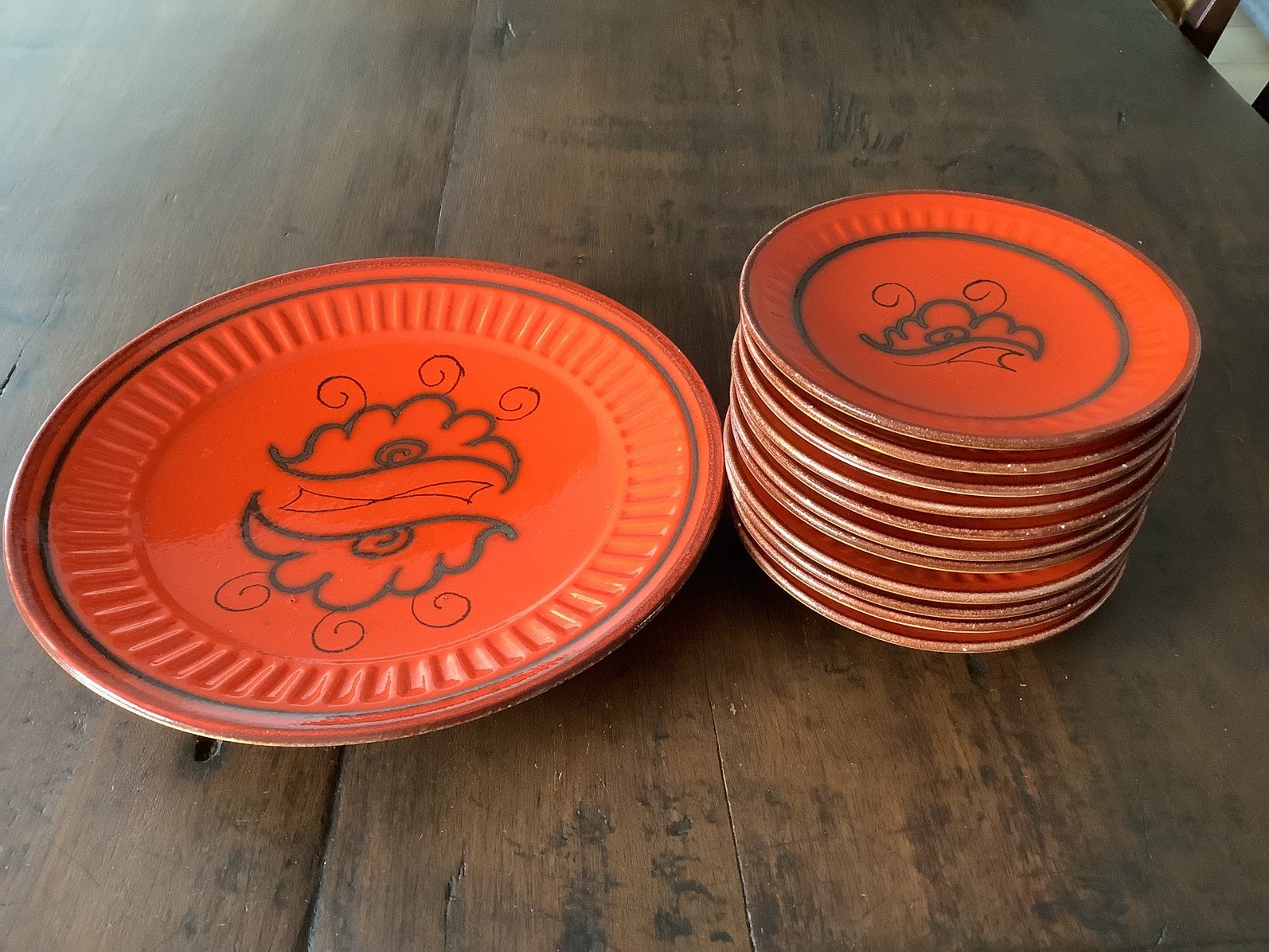 Retro oranje Flora keramiek gebakstel, vorkjes en dienblad, Keramiek, Ophalen of Verzenden, Zo goed als nieuw, Bord(en)