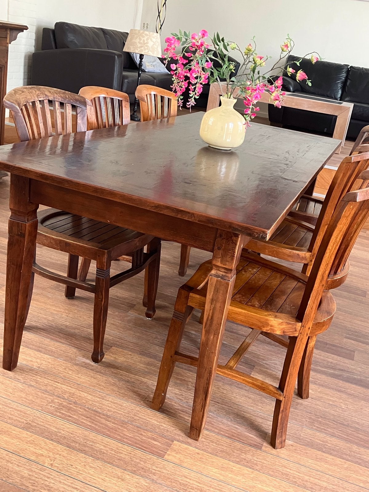Stevige eettafel met 7 stoelen, 2.20m x 1.00m, met lades, Gebruikt, 100 tot 150 cm, Rustiek, 200 cm of meer
