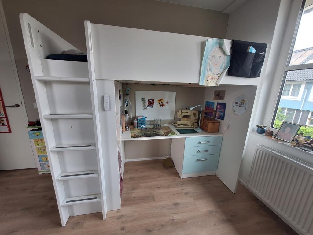 Hoogslaper met bureau en opbergruimte - Wit/turquoise, Ophalen, Gebruikt, Hoogslaper