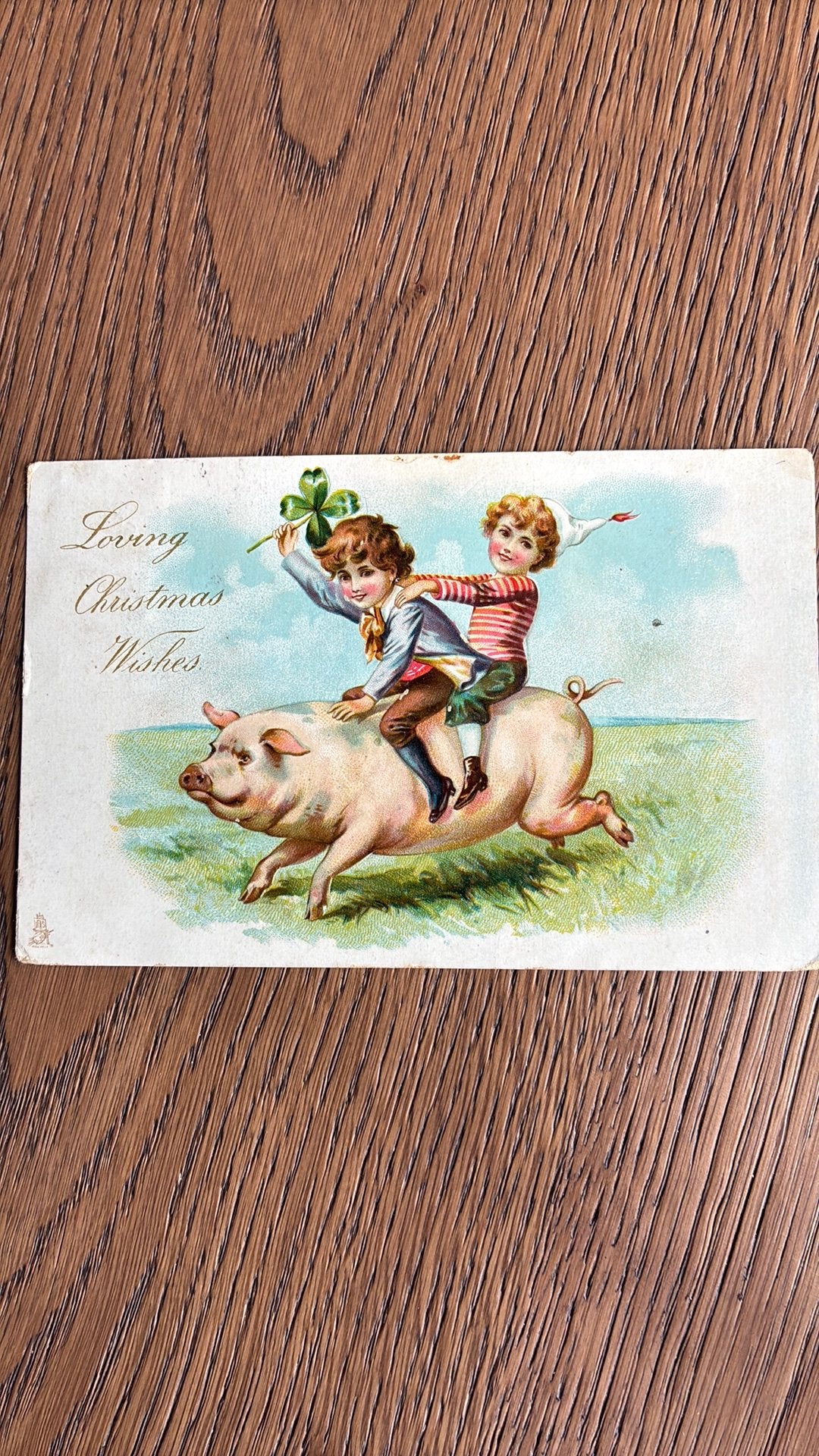 Kerstwensen. Kinderen op varken, klaver, Ophalen of Verzenden, Voor 1920, Gelopen, Kinderen