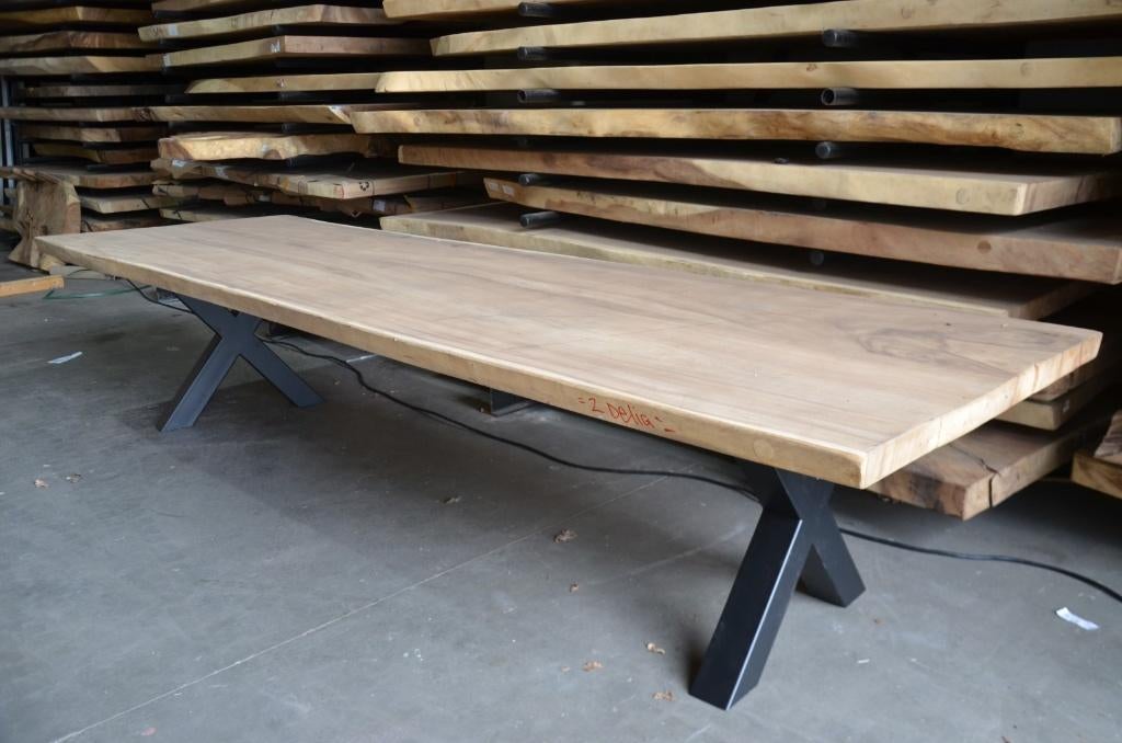 Suar boomstamtafel 350 cm-  BT195 – 3,5 m boomstamtafel, Verzenden, 50 tot 100 cm, Metaal, Rechthoekig