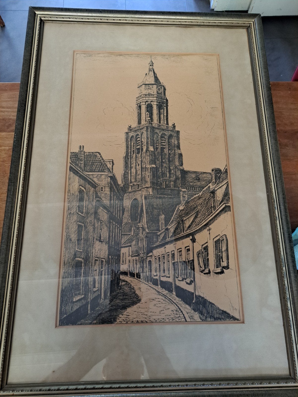 Oude ets van de Eusebius kerk in Arnhem, Ophalen, Ingelijst, Ets, Stadsgezicht