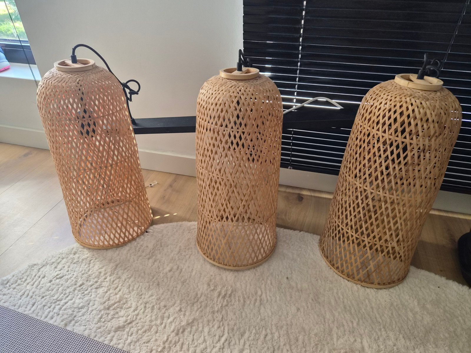 Set van 3 bamboe hanglampen, Huis en Inrichting, Lampen | Hanglampen, Zo goed als nieuw, Natuurlijk materiaal, E27 (groot), Ophalen