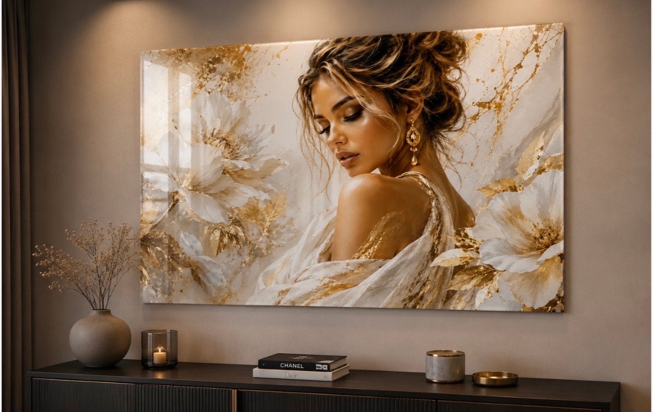 Plexiglas schilderij 120x80cm - Vrouw met bloemen, Ophalen of Verzenden, Kunststof, Print, Figuren