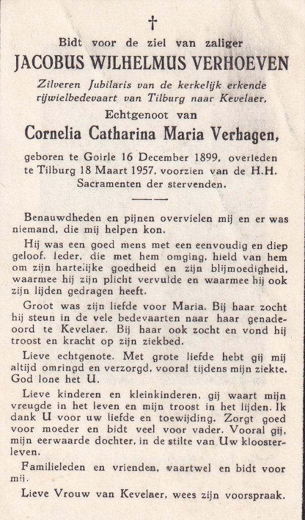 Verhoeven Jacobus 1899 Goirle 1957 Tilburg, Verzamelen, Bidprentjes en Rouwkaarten, Ophalen of Verzenden, Bidprentje