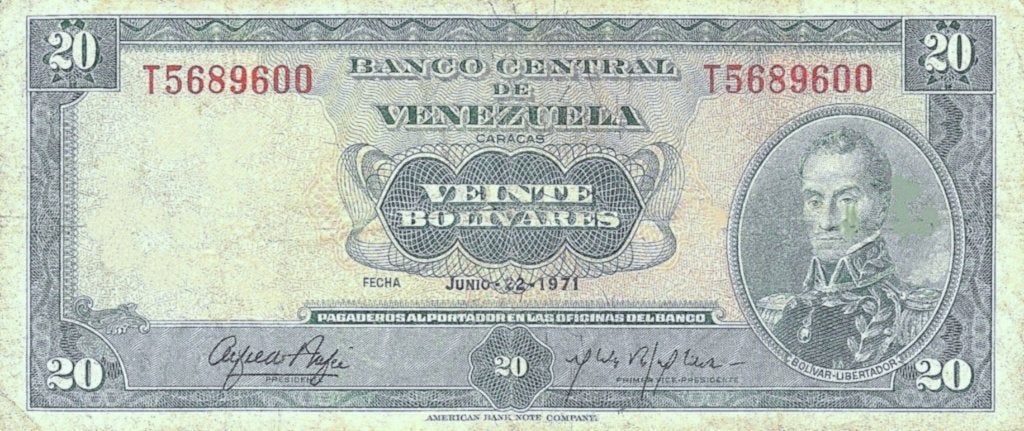 VENEZUELA 1971 20 BOLIVARES, Ophalen of Verzenden, 10 gulden