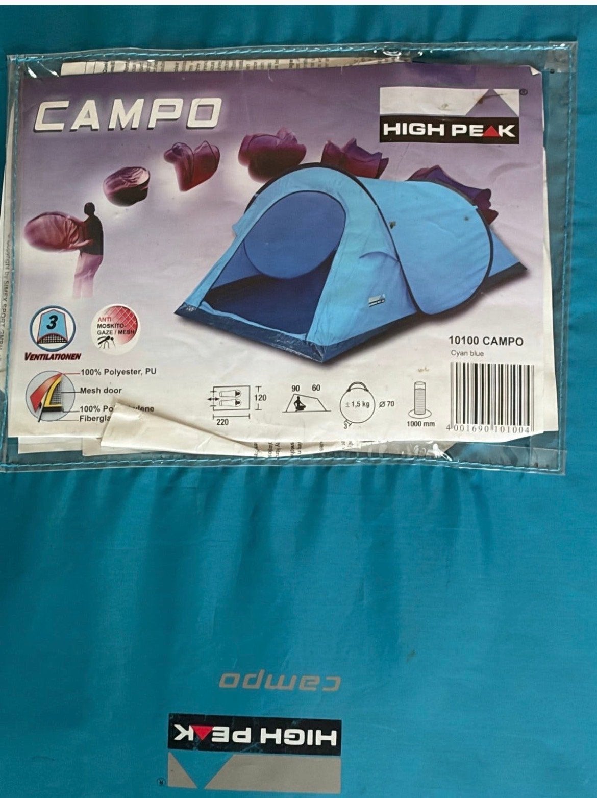 High Peak Campo 3-persoons koepeltent - Cyan Blauw, Ophalen, Zo goed als nieuw, Tot en met 3