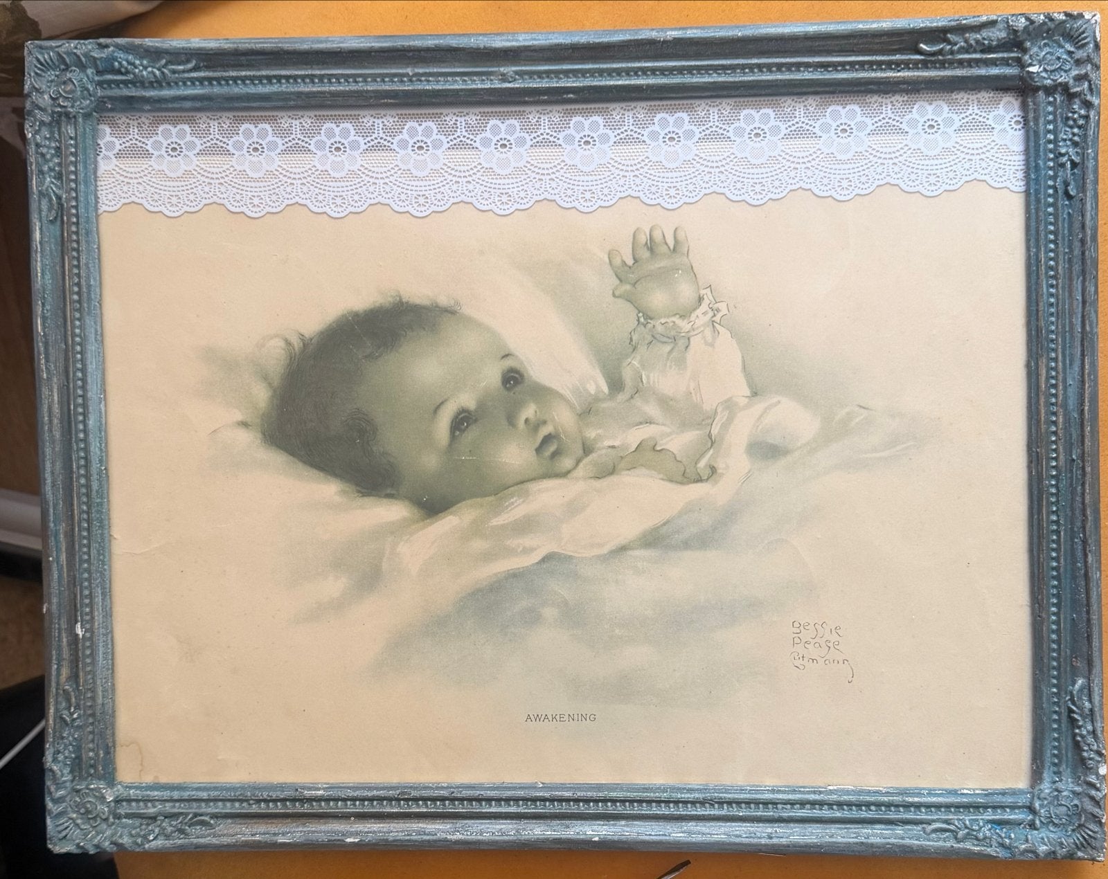 Vintage Bessie Pease Gutmann 'Awakening' Baby Print, Portret of Personen, Ophalen of Verzenden, Print, Papier