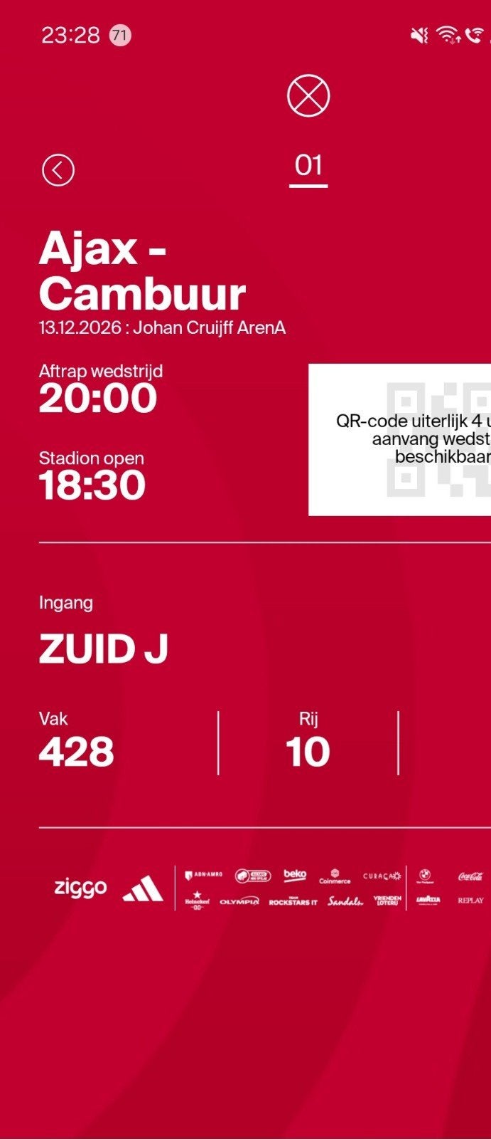 Ajax-Cambuur prachtige plaats  vak 428 rij 10 vanaf 50 euro, Seizoenskaart, Eén persoon, December