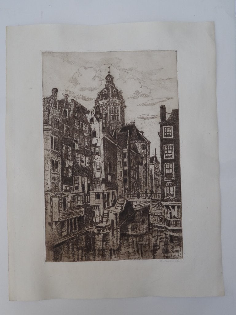 ets Nicolaaskerk vanuit Oudezijds Kolk Amsterdam A. Boon, Antiek en Kunst, Stadsgezicht, Gesigneerd, 1900 - 1949, Verzenden