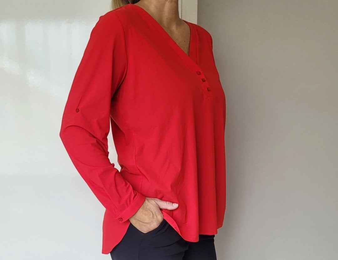 Studio Anneloes Evi blouse L Rood Travelstof top overhemd, Studio Anneloes, Verzenden, Maat 42/44 (L), Zo goed als nieuw