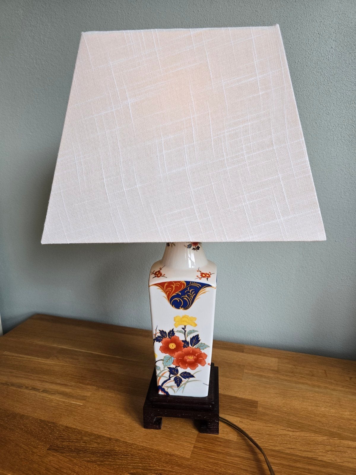 Vintage Japanse Tafellamp - Porselein met Bloemenpatroon, Gebruikt, Vintage, Hout, Meerkleurig