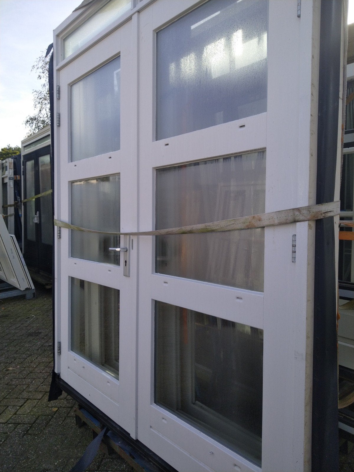 kozijn met dubbele tuindeuren en boven licht, Ophalen of Verzenden, Glas, 120 cm of meer, 215 cm of meer