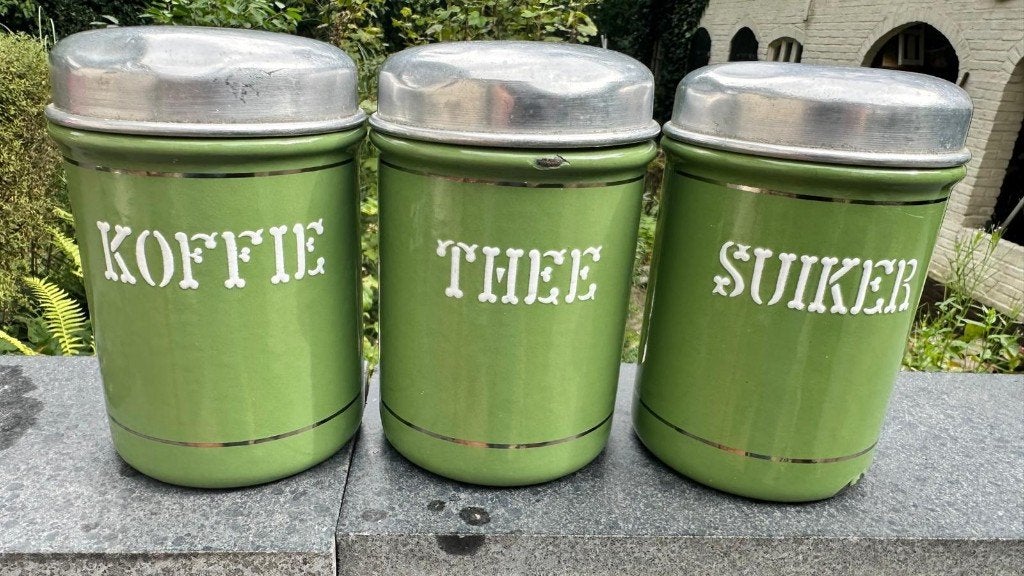 Emaille voorraad blikken bussen koffie thee suiker groen, Ophalen