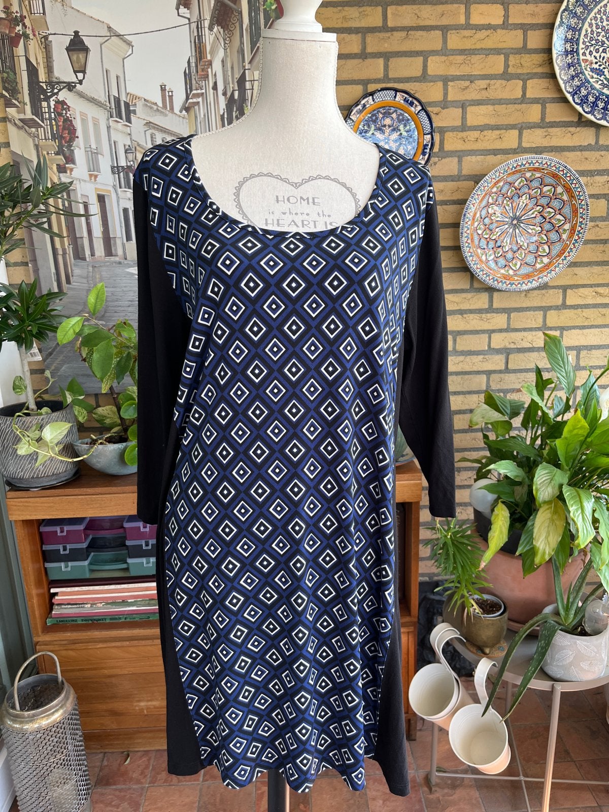 Luxe merk Tuniek Yoek maat L - Blauw met geometrisch patroon, Blauw, Maat 46/48 (XL) of groter, Ophalen of Verzenden, Zo goed als nieuw