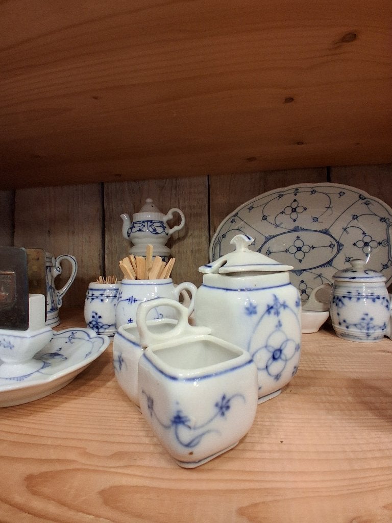 menagesetje vierkantig blauw saks zout peper en mosterd, Overige typen, Ophalen of Verzenden, Zo goed als nieuw, Overige stijlen