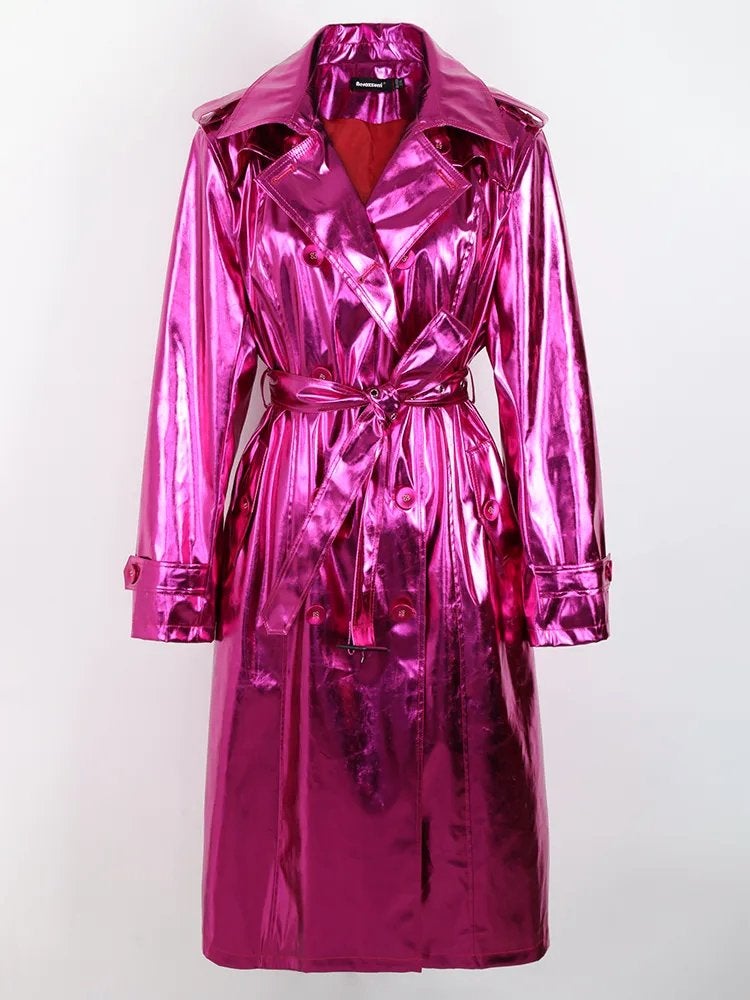 Paarse glimmende dames regenjas trenchcoat lange jas leren, Kleding | Dames, Verzenden, Maat 46/48 (XL) of groter, Nieuw, Overige thema's