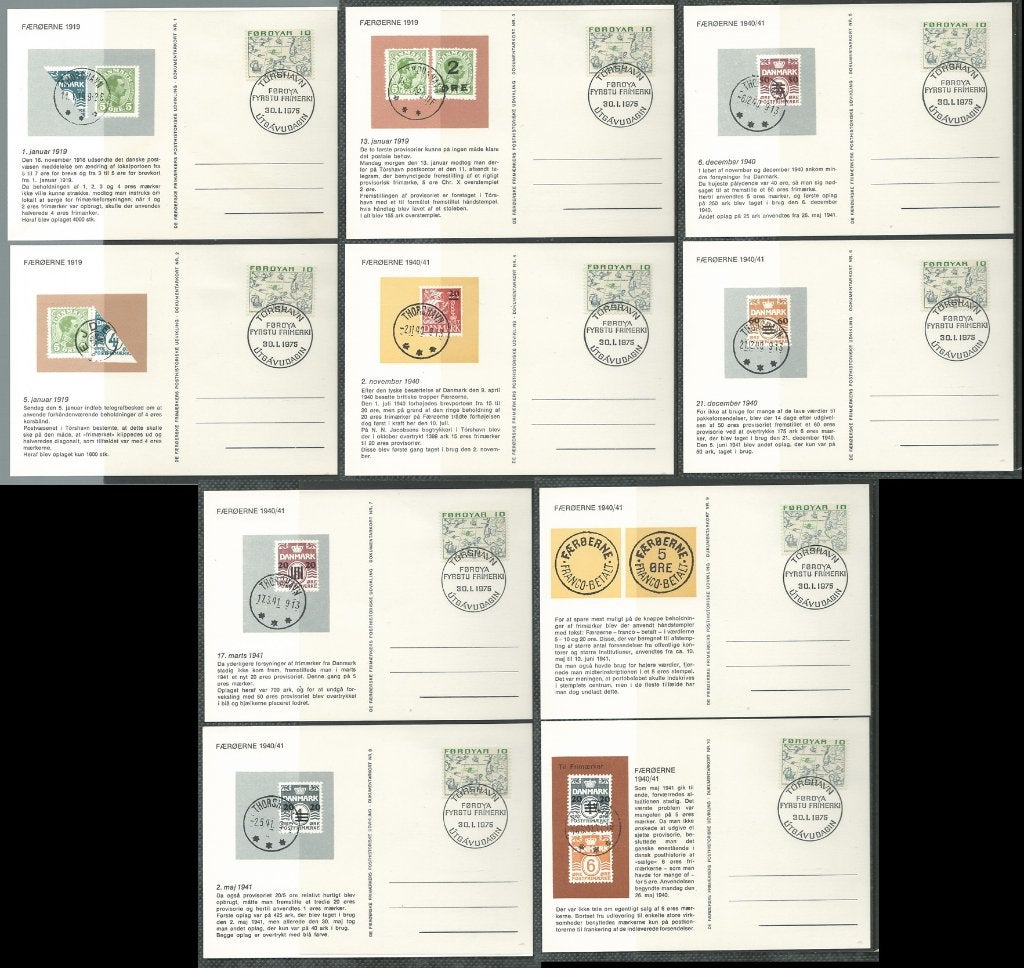 FAROER 1975 Komplete set van 10 documentatie kaarten No:1-10, Verzenden, Denemarken, Gestempeld