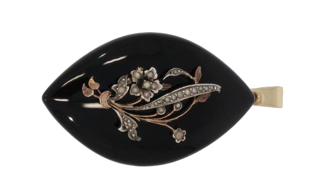 Medaillon parel onyx 14k gouden hanger antiek ketting foto, Verzenden, Goud, Hanger, Met edelsteen