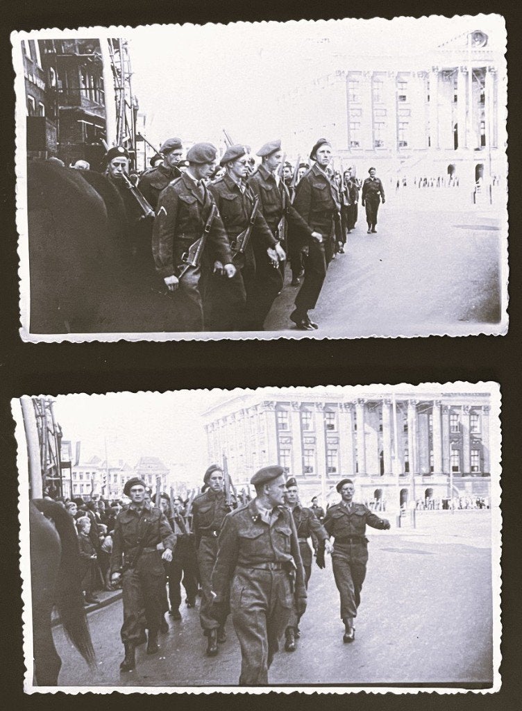 Prinses Irene Brigade - marcherend in Amsterdam 1945, Verzenden, Landmacht, Nederland, Foto of Poster