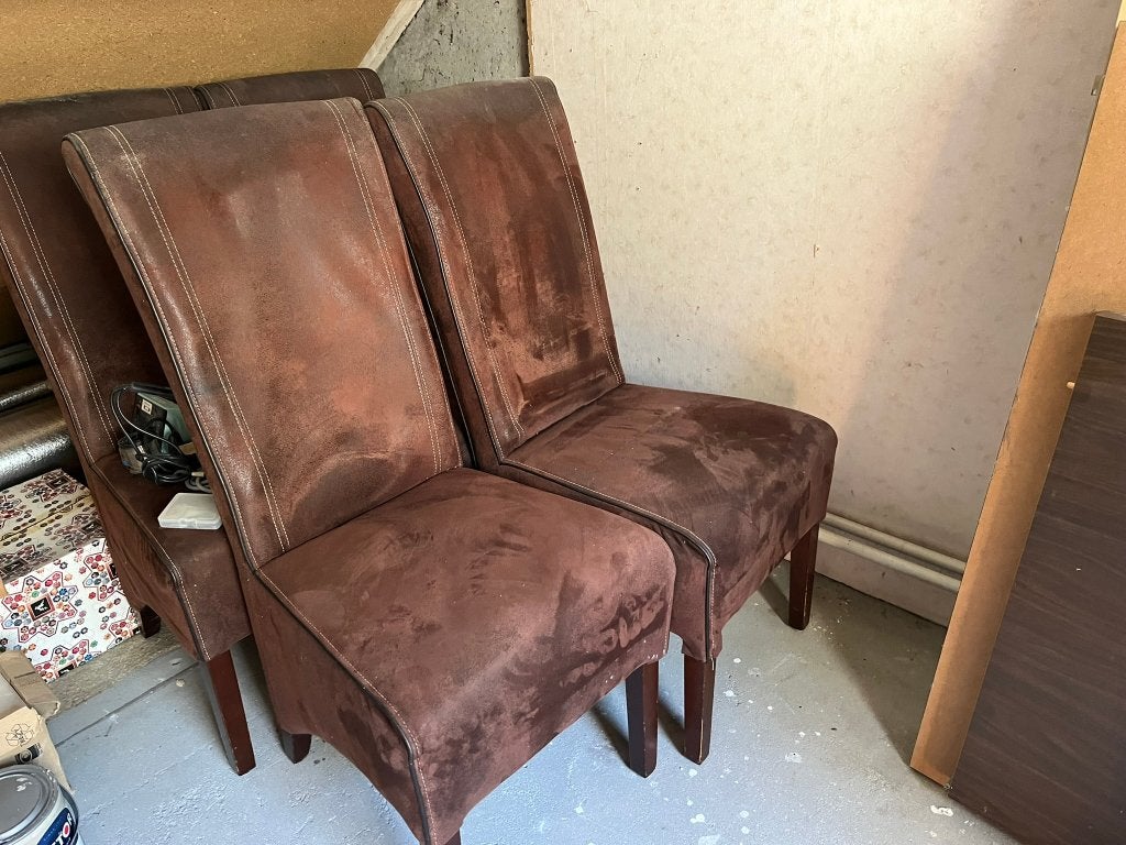 gratis 4 gebruikte eetkamerstoelen, Ophalen, Gebruikt, Overige materialen, Vier