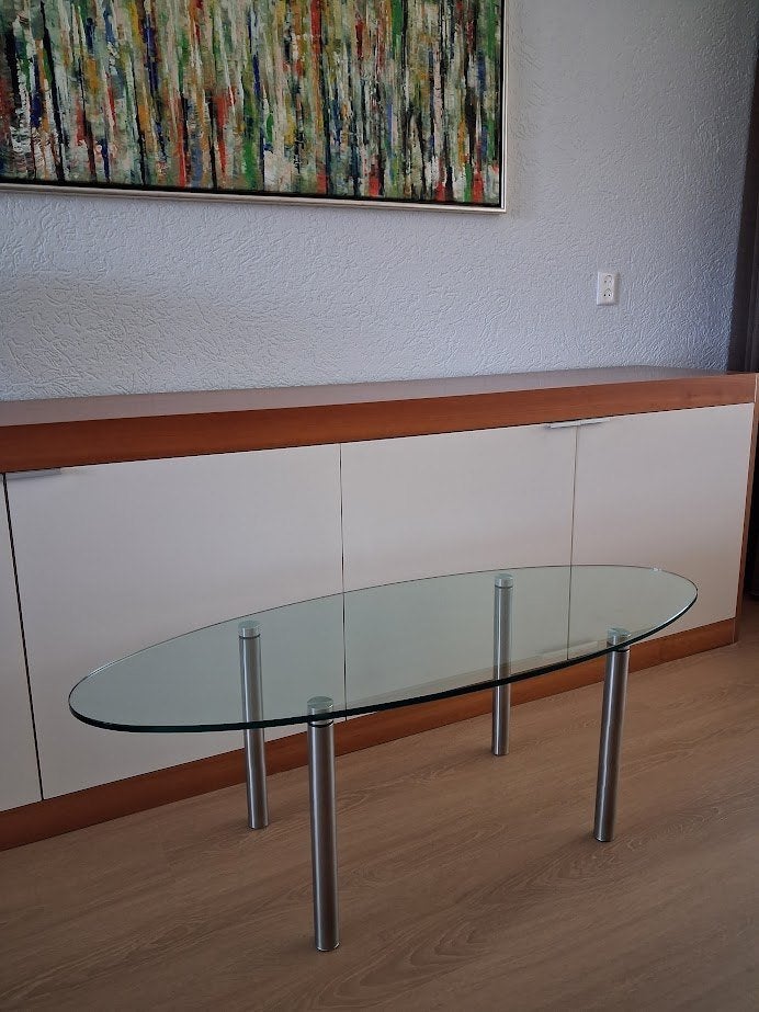 Design salontafel  of sidetable ovaal met glasplaat, Ophalen, 100 tot 150 cm, Design, 50 tot 100 cm