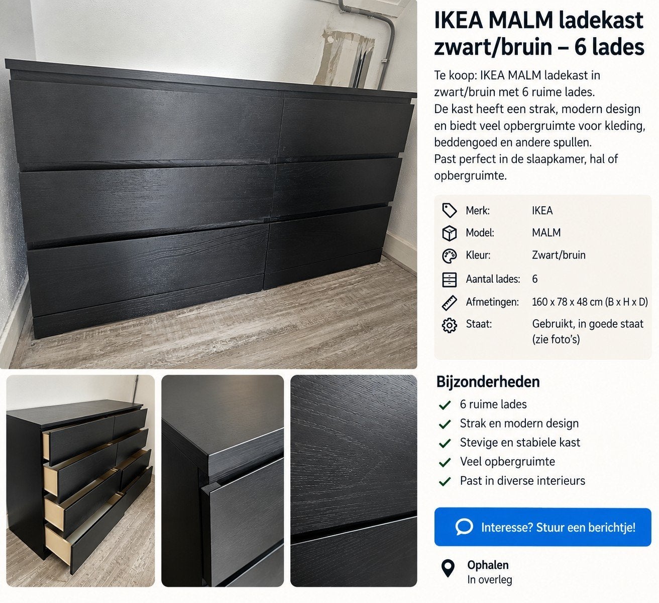 Ikea Malm ladekast zwart/bruine 6 lades., Ophalen, 5 laden of meer, 150 tot 200 cm, Zo goed als nieuw