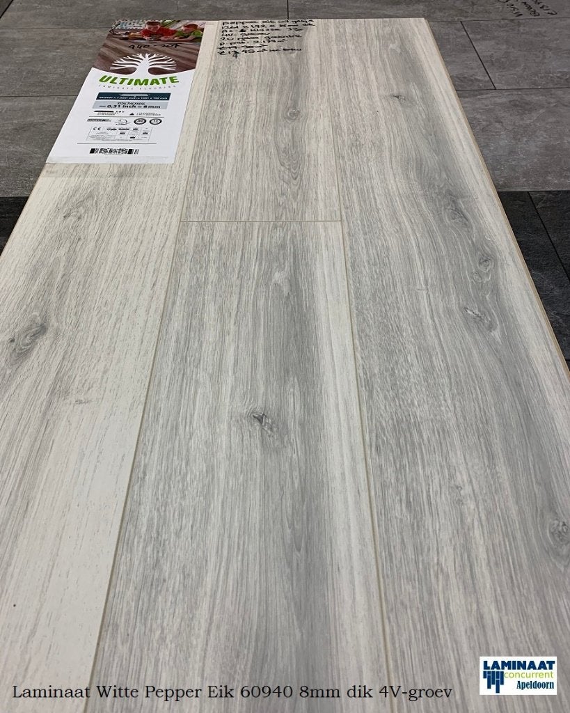 Laminaat Witte Pepper 940 8mm 4V-groev AC-5 Klasse 33, 75 m² of meer, Laminaat vloer wit grijs, Nieuw, Ophalen of Verzenden