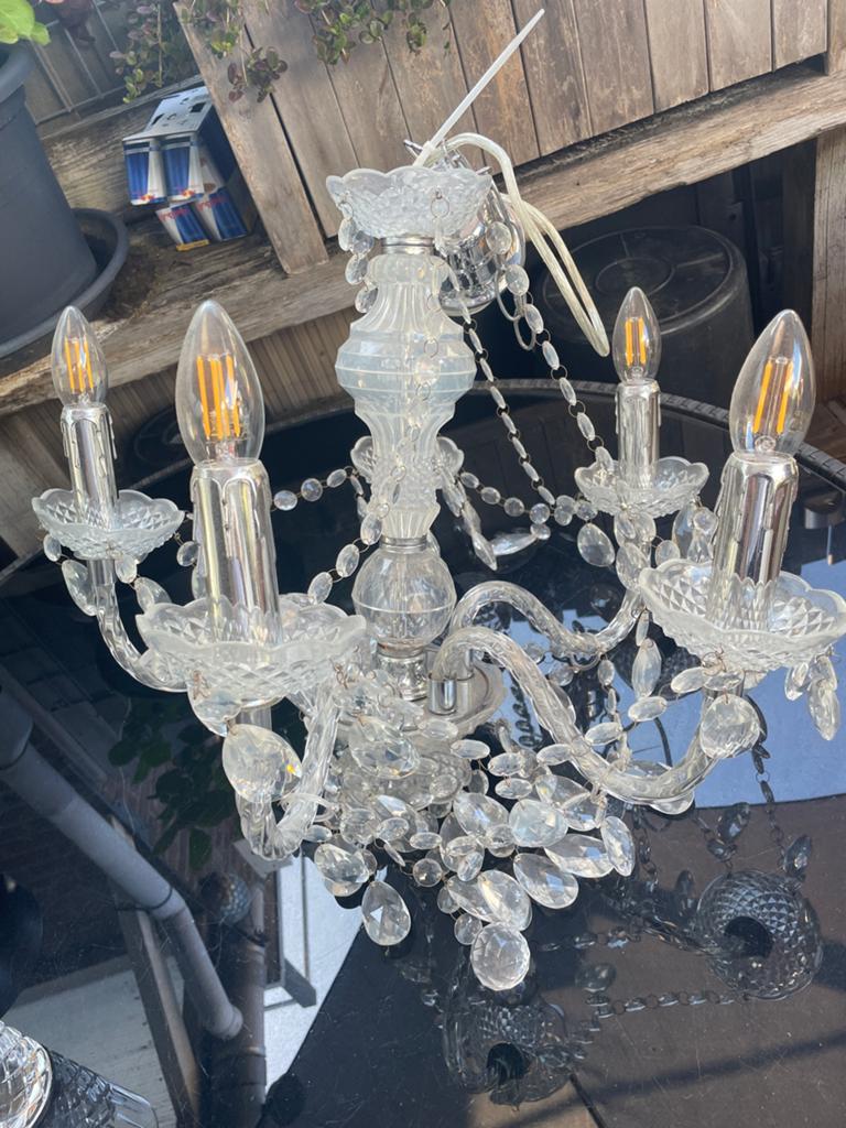 Elegante kristallen hanglamp - Kroonluchter 5 lampen, Ophalen, Zo goed als nieuw, Kunststof