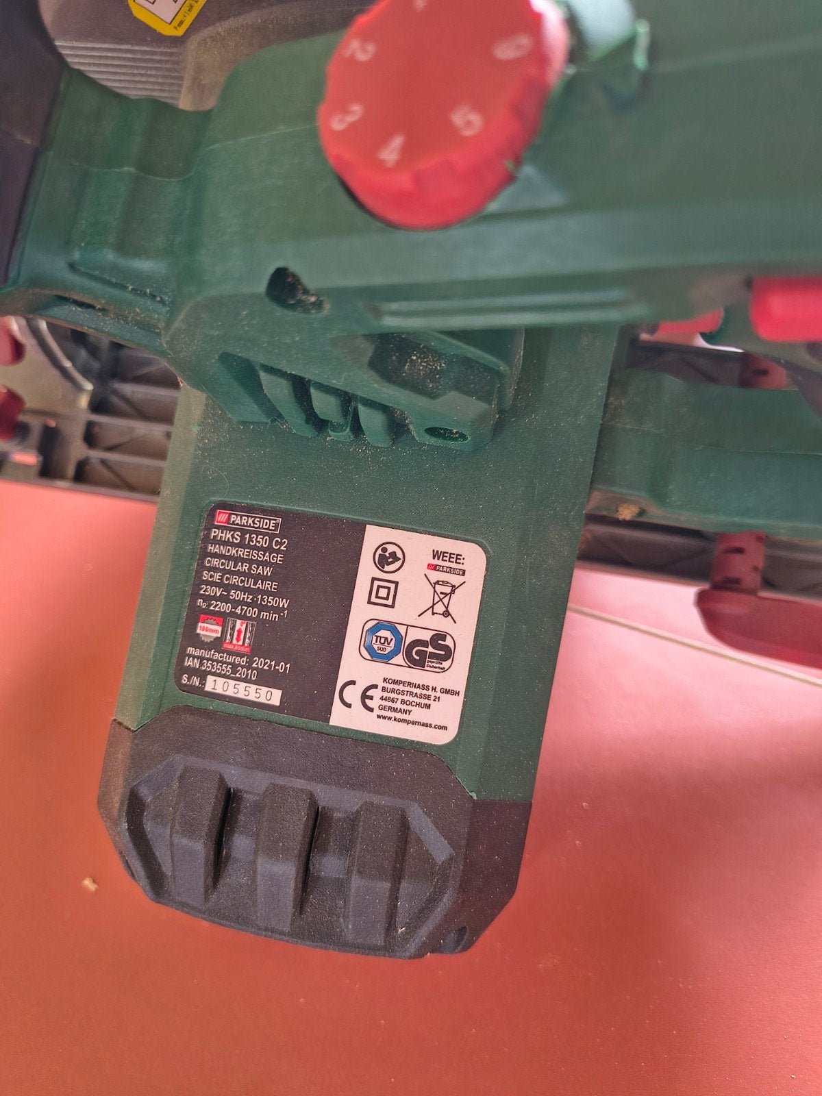 Parkside PHKS 1350 C2 Cirkelzaag - 1350W, Doe-het-zelf en Verbouw, Cirkelzaag, Ophalen of Verzenden, Zo goed als nieuw, 30 tot 70 mm