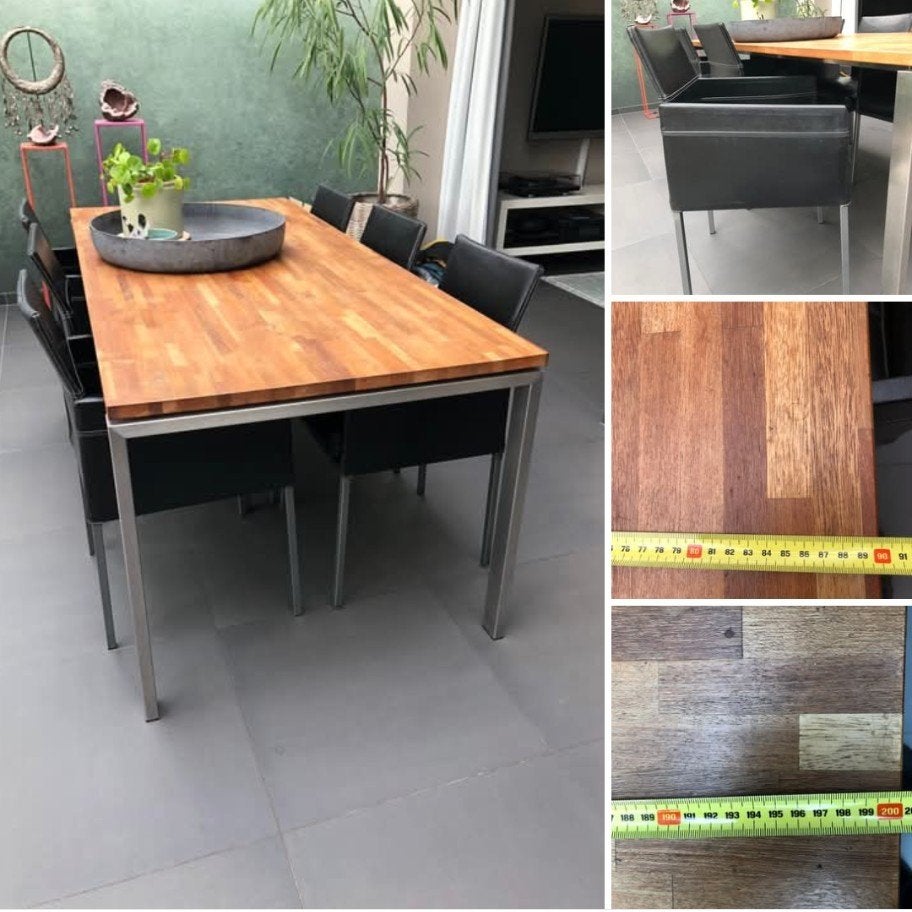 Teakhouten eettafel met zwarte leren stoelen KFF, Ophalen, Gebruikt, Modern, 4 tot 6 stoelen