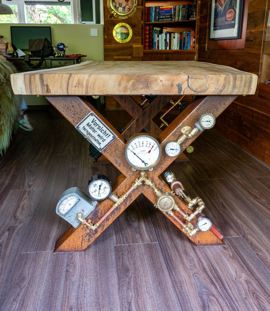 Unieke Industriële tafel met suarhouten blad, Huis en Inrichting, Tafels | Eettafels, Ophalen, Nieuw, 50 tot 100 cm, 150 tot 200 cm