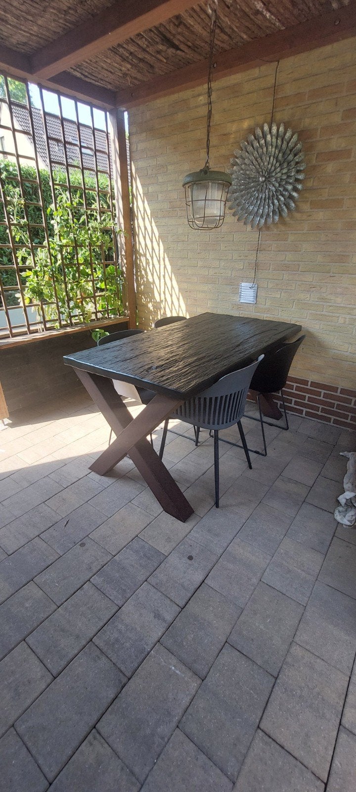 Tuintafel met echt leisteen blad en stalen poten + stoelen, Tuin en Terras, Tuintafels, Ophalen, Gebruikt, Rechthoekig, Metaal
