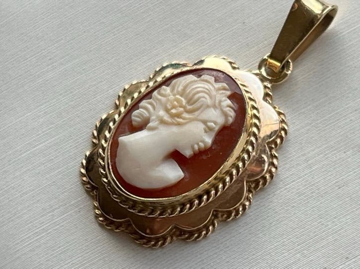 Fraaie gouden hanger Camee - 14 CT goud, 3,3 cm, Verzenden, Zo goed als nieuw, Goud, Overige voorstellingen