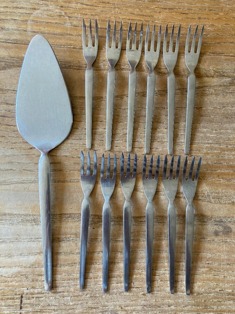12 Vintage Sola Elite Diana gebaksvorkjes + taartschep, Ophalen of Verzenden