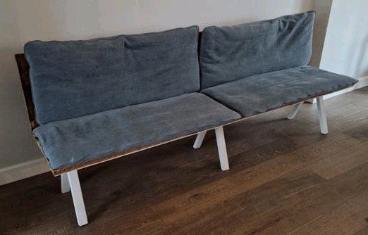 Stalen eetbank met houten zitting en leuning, incl. kussens!, Ophalen, Minder dan 75 cm, Rechte bank, 200 tot 250 cm